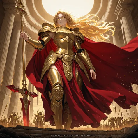 Photo Quality, Masterpiece, Ultimate Details, Goddess of War, long golden hair flutters in the wind, perfect body line, White and Gold Light Armor, Clear Skin, Intense eyes, red cloak, Raise a golden spear, Battlefield at Dusk, ancient Greek temple, Solemn...