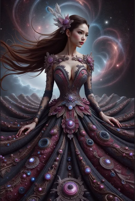 A cute japanese idol girls white-skinned, blue-eyed, thin lips, shadow eye, eyelashes, Gigantic fake boobs, Breast Press, small waist, slim body, asian girls in a strapless dress sitting in space, UHD, luxurious mechanism dress, ornate dress, shiny dress, ...