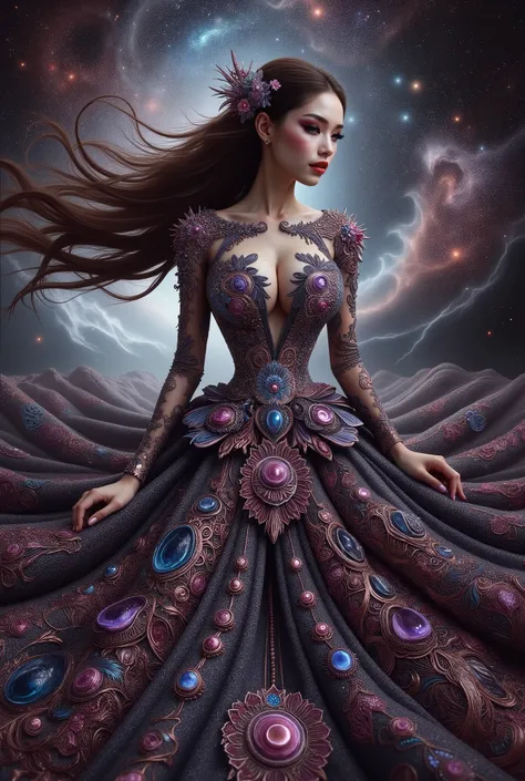 A cute japanese idol girls white-skinned, blue-eyed, thin lips, shadow eye, eyelashes, Gigantic fake boobs, Breast Press, small waist, slim body, asian girls in a strapless dress sitting in space, UHD, luxurious mechanism dress, ornate dress, shiny dress, ...