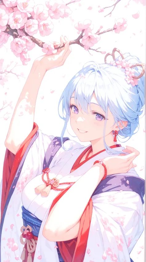 Kannon Bosatsu with a Modern Arrangement, A Beautiful Woman in a Sensual Kimono, benevolent smile, traditional ornaments, Cherry Blossom Framing, Clear stream in a ravine , Flexible Body, Solemn Atmosphere, Healing facial expression, god々Shining light