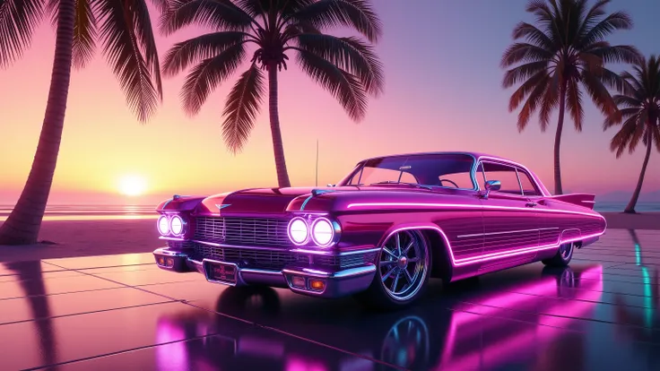 glowing magenta cadillac eldorado 1959 at the beach under palm trees, sun at the neon horizon, 1980, vaporwave  