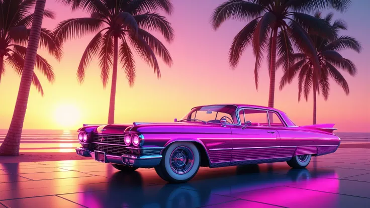 glowing magenta cadillac eldorado 1959 at the beach under palm trees, sun at the neon horizon, 1980, vaporwave  