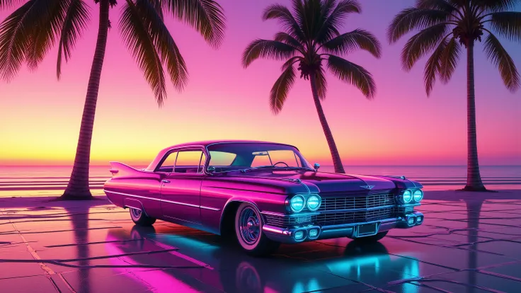 glowing magenta cadillac eldorado 1959 at the beach under palm trees, sun at the neon horizon, 1980, vaporwave  