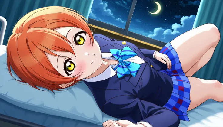 Close up shot 1girl, hoshizora rin, striped, short hair, blush, otonokizaka school uniform, lovelive_rin black blazer, blue plaid skirt, blue stripe bowtie, orange hair, very short hair, hair between eyes, yellow green eyes,smile,thick thighs,knee up,cresc...