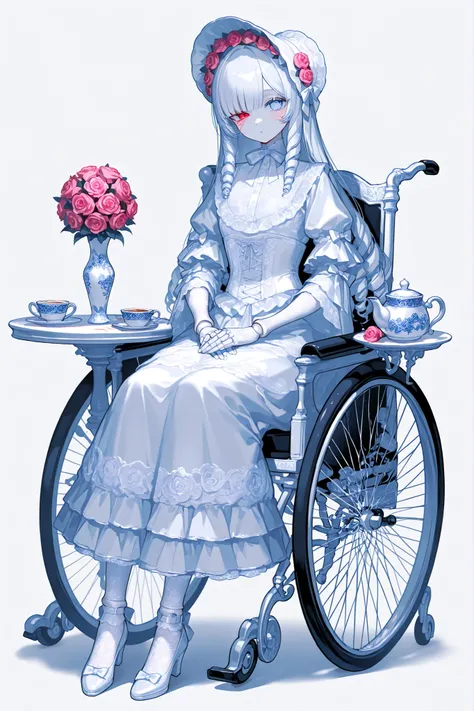 (xxx667_illu,doll joints,) Alive doll-girl, petite vintage cute porcelain articulated doll. Her body is made of white porcelain and joints of her limbs are doll-like hinges. There's a crack marks on her porcelain face. She has scarlet red loose hairstyle ...