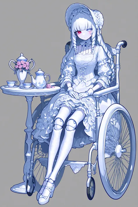 (xxx667_illu,doll joints,) Alive doll-girl, petite vintage cute porcelain articulated doll. Her body is made of white porcelain and joints of her limbs are doll-like hinges. There's a crack marks on her porcelain face. She has scarlet red loose hairstyle ...