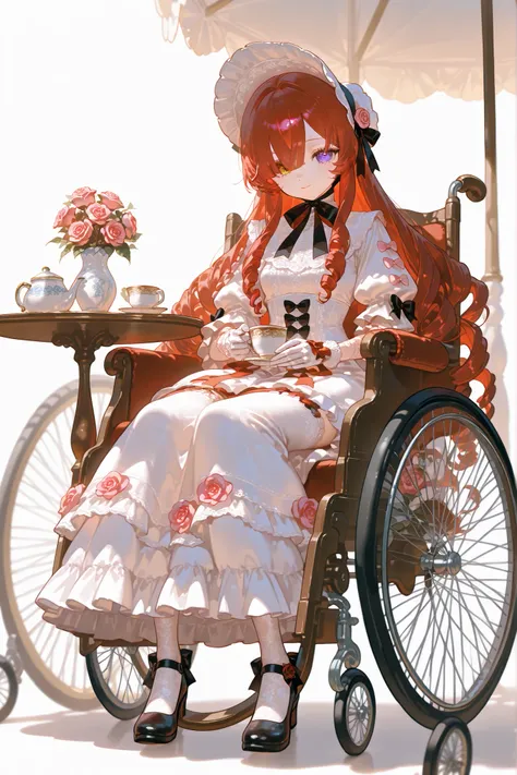 Alive doll-girl, petite vintage cute porcelain articulated doll. Her body is made of white porcelain and joints of her limbs are doll-like hinges. There's a crack marks on her porcelain face. She has scarlet red loose hairstyle with ringlets. She has hete...