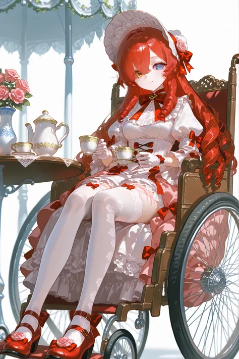 Alive doll-girl, petite vintage cute porcelain articulated doll. Her body is made of white porcelain and joints of her limbs are doll-like hinges. There's a crack marks on her porcelain face. She has scarlet red loose hairstyle with ringlets. She has hete...