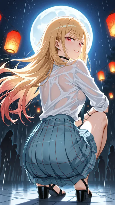 BREAK (masterpiece:1.2), best quality, high resolution, unity 8k wallpaper, (illustration:0.8),Magical Japanese park at night after rain, glowing red lanterns reflecting on wet stone pathways, full moon mirrored in shimmering puddles, cherry blossom silhou...