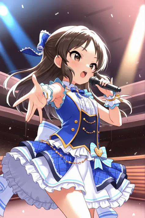 (Top Quality), (Very Aesthetic), (Super Detailed), (Best Illustration), Loli, Solo Female, female child, Girl, tcbnarisu_AA, tachibana arisu, idolmaster cinderella girls, brown eyes, brown hair, long hair, hair bow, solo, singing, wearing idol costumes, dy...