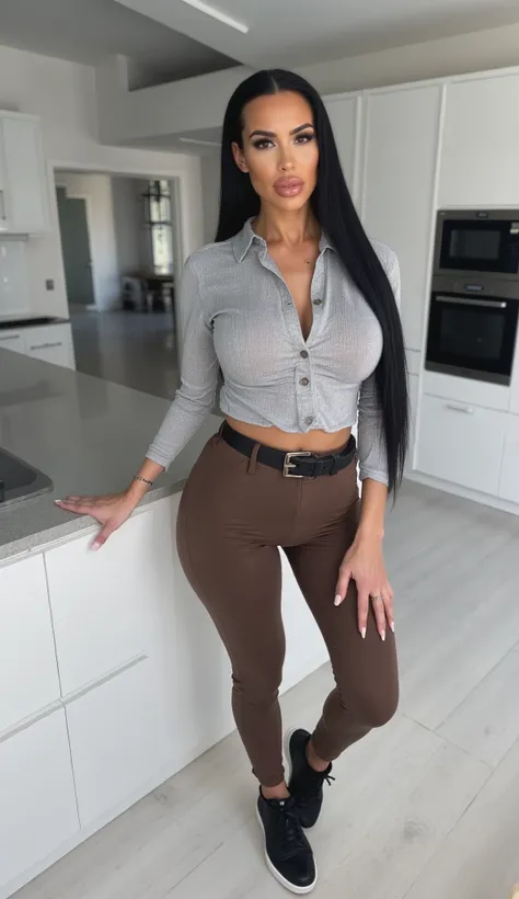 Kim Kardashian with Long straight black hair in a silver Shirt with Buttons und Dekolleté , wide black belt, in very tight brown Latex Leggings and Kim is wearing black sneakers ,Kim is standing in a modern kitchen leaning against a cooking island, whit...