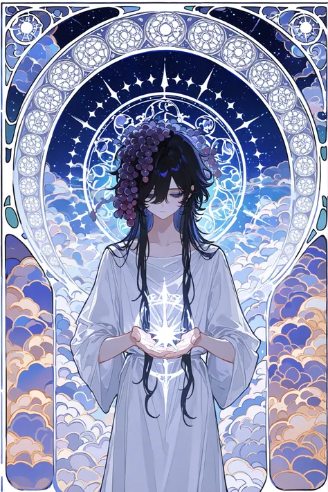 (xxx667_illu) Virgo zodiac sign in Art Nouveau style. A girl in a white Greek tunic, black curls on her head, a Greek ribbon with grapes. in her hands of a mirror with the sigil of Venus. (IN the background: a starry sky with the image of virgo surrounded ...