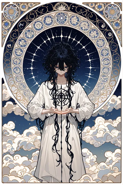 (xxx667_illu) Virgo zodiac sign in Art Nouveau style. A girl in a white Greek tunic, black curls on her head, a Greek ribbon with grapes. in her hands of a mirror with the sigil of Venus. (IN the background: a starry sky with the image of virgo surrounded ...