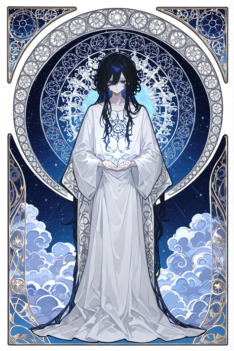 (xxx667_illu) Virgo zodiac sign in Art Nouveau style. A girl in a white Greek tunic, black curls on her head, a Greek ribbon with grapes. in her hands of a mirror with the sigil of Venus. (IN the background: a starry sky with the image of virgo surrounded ...