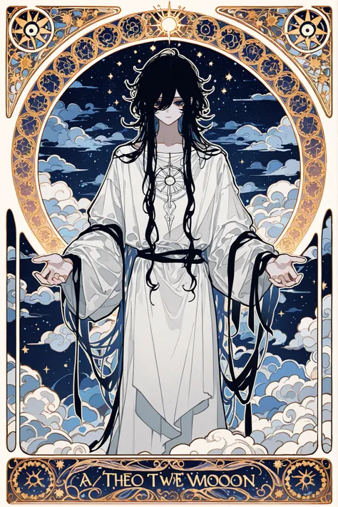 (xxx667_illu) Virgo zodiac sign in Art Nouveau style. A girl in a white Greek tunic, black curls on her head, a Greek ribbon with grapes. in her hands of a mirror with the sigil of Venus. (IN the background: a starry sky with the image of virgo surrounded ...