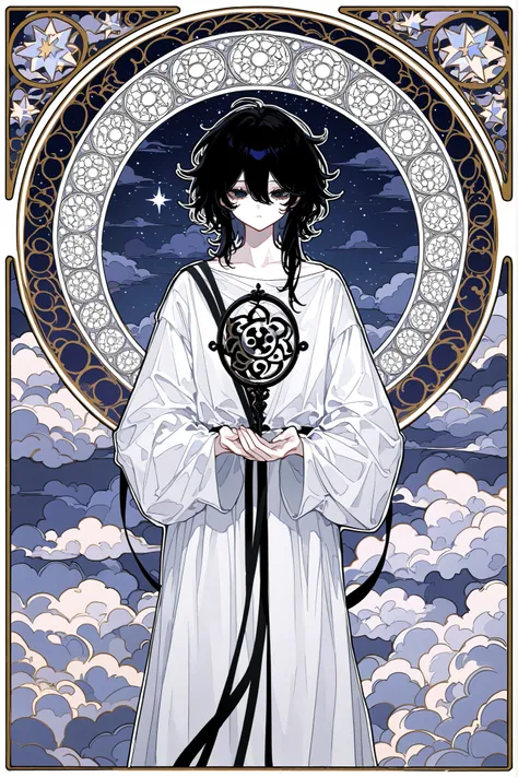 (xxx667_illu) Virgo zodiac sign in Art Nouveau style. A girl dressed in a white Greek tunic. She has a black curls on her head, a Greek ribbon with grapes. in her hands she holding a handmirror with the symbol of Venus. (IN the background: a starry sky w...