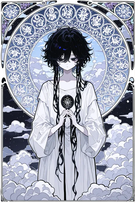 (xxx667_illu) Virgo zodiac sign in Art Nouveau style. A girl dressed in a white Greek tunic. She has a black curls on her head, a Greek ribbon with grapes. in her hands she holding a handmirror with the symbol of Venus. (IN the background: a starry sky w...