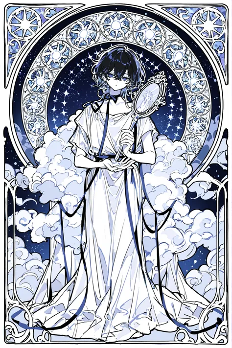 (ma1ma1helmes_b_illu,sketch,) Virgo zodiac sign in Art Nouveau style. A girl dressed in a white Greek tunic. She has a black curls on her head, a Greek ribbon with grapes. in her hands she holding a handmirror with the symbol of Venus. (IN the background...