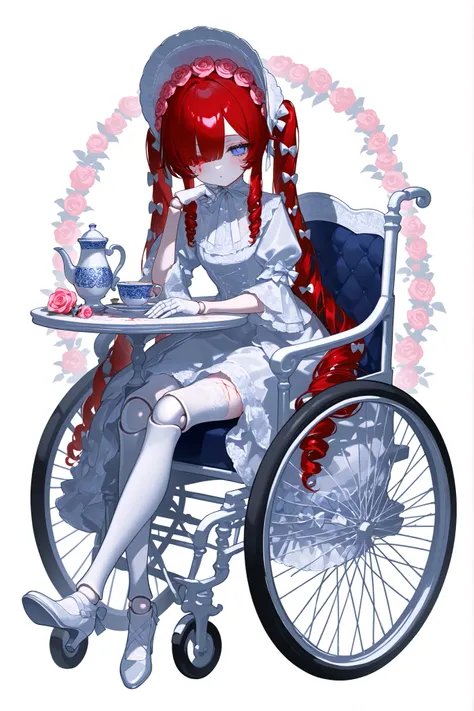 (xxx667_illu,doll joints,) Alive doll-girl, petite vintage cute porcelain articulated doll. Her body is made of white porcelain and joints of her limbs are doll-like hinges. There's a crack marks on her porcelain face. She has scarlet red kinky hair is st...