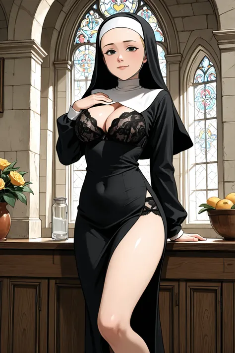 sexy nun, cleavage, leg slit, lace underwear, garterbelt
