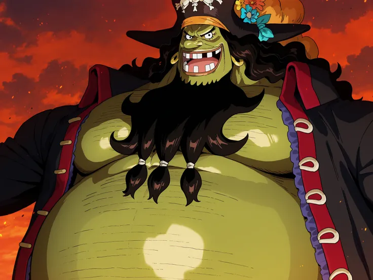 shading, anime screencap, ,marshall d teach, male missing tooth, black eyes, black beard, long hair male, long nose, hairy man, fat man, huge man, eyelashes, dark-skinned male, facial hair, ugly man,,solo, ((Marshall D. Teach)), ((green skin)), black eye...