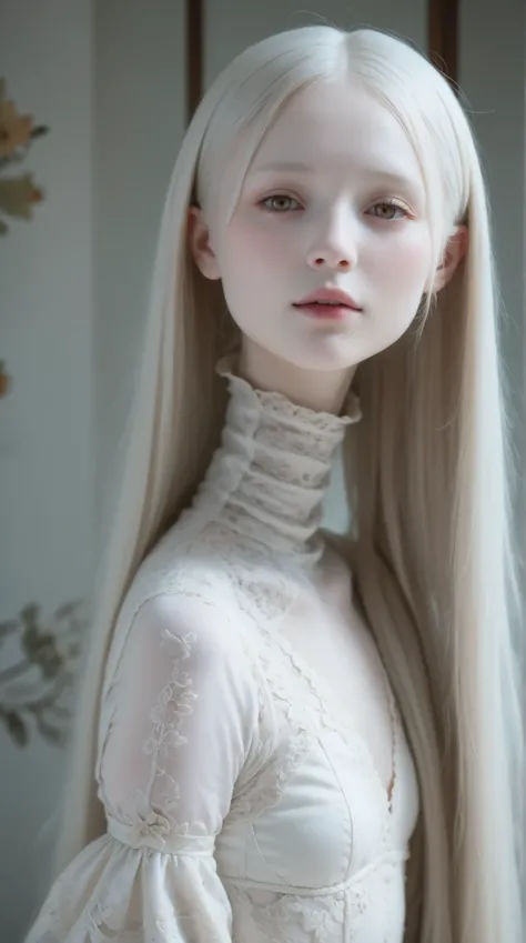  perfect anatomy、 Japanese Girl , Short neck:1.7,albino skin ,  gray hair straight long hair,  very long hair, light brown eyes,lace high neck , white clothes, artistic,