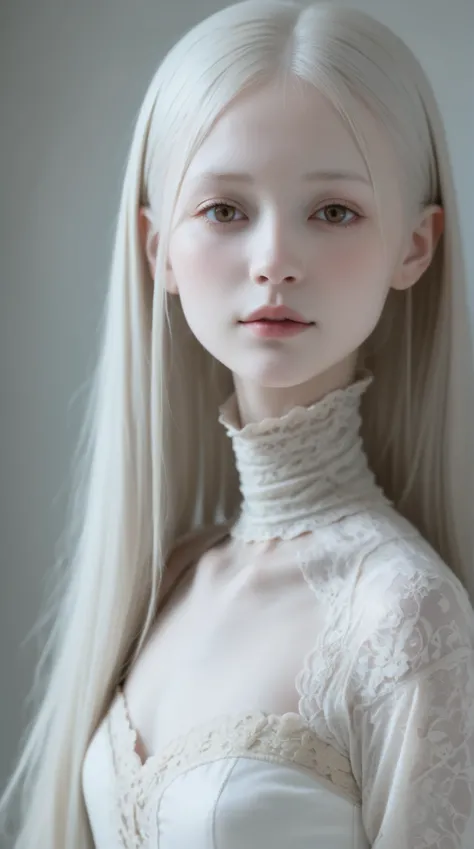  perfect anatomy、 Japanese Girl , Short neck:1.7,albino skin ,  gray hair straight long hair,  very long hair, light brown eyes,lace high neck , white clothes, artistic,