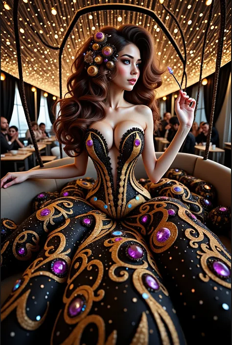 A cute japanese idol girls white-skinned, blue-eyed, thin lips, shadow eye, eyelashes, Gigantic fake boobs, Breast Press, small waist, slim body, asian girls in a strapless dress sitting in space, UHD, luxurious mechanism dress, ornate dress, shiny dress, ...