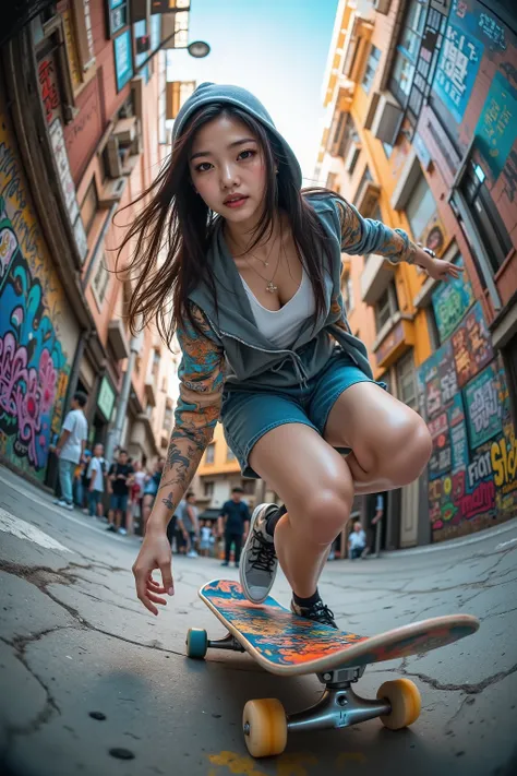 8K, Ultra High Definition, masterpiece, photorealistic, dramatic solo action scene.  
A beautiful Japanese girl with a cool expression, flawless style, an extremely large bust, a slim waist, and athletic proportions.  
She is a fearless teenage pro skater,...