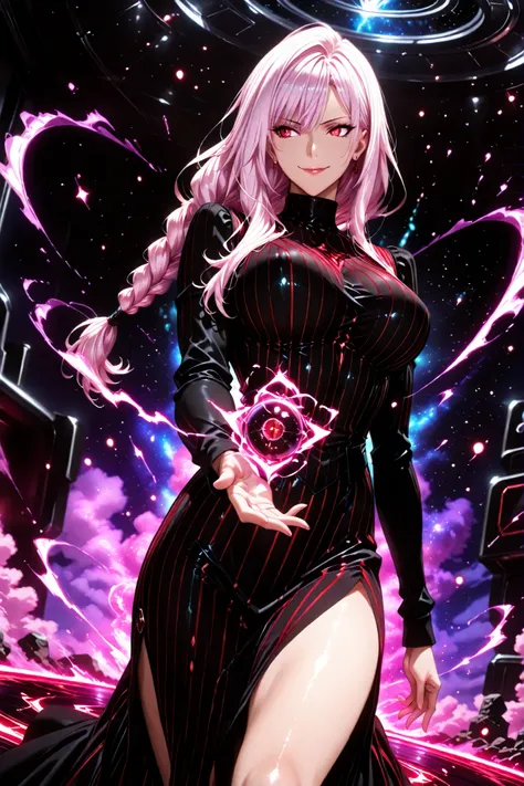 dark_art_style,(1 girls!),(scorpio gijinka, single_braid ,dark persona, turtleneck, black dress, vertical-striped dress, long sleeves, long dress,bare legs),(solo!), 
shiny skin, shiny,  villainous smile, big breast, suggestive_pose,
( maroon, violet, magi...
