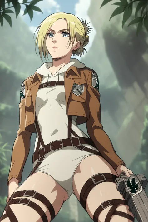 annie leonhardt, short hair, blue eyes, blonde hair, folded ponytail,, paradis military uniform, belt, cloack, cropped jacket, emblem, green cloak, jacket, long sleeves, thigh strap, uniform, white shirt, brown jacket,, half naked bottom, small breasts,...