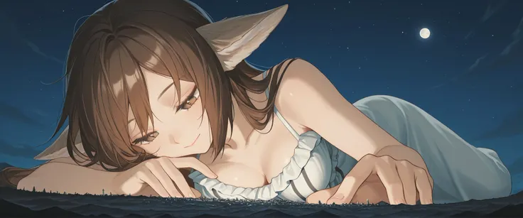 (1girl: 1.1), (closeup breasts: 1.4), (skinny), (sky background: 1.1), (macro size: 1.5), below view, (platform in front of a medium breasts: 1.1), (happy), (happy cute), (macro size: 1.1), lying down, giantess, perfumer_\(arknights\), brown hair, brown ey...