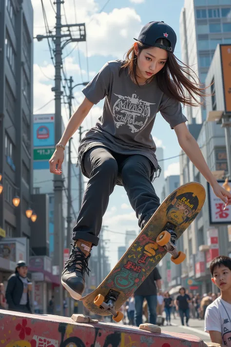 super real, Photorealistic, Dramatic scene , solo, (Japanesegirl),Beautiful girl, cool face, (very large breasts), Great Style、wearing a cap。Narrow Waist, professional skateboarders, Fearless girl, graphic tee, And skates., skateboard flying around busy c...