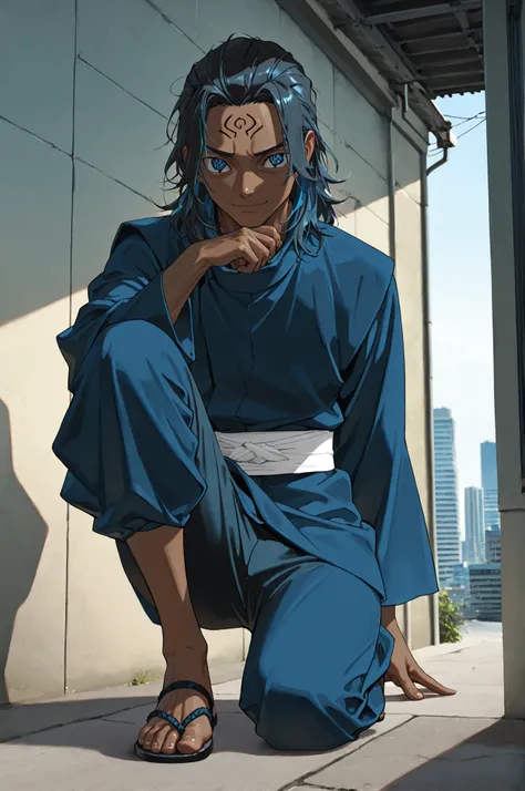 masterpiece, best quality, amazing quality, very aesthetic, high resolution, newest, hyper-detailed, (close up),solo, male character, mature man, medium hair, African skin color, slim male figure, blue eyes, ((sharingan eyes )), gentle smile, chuunin cloth...