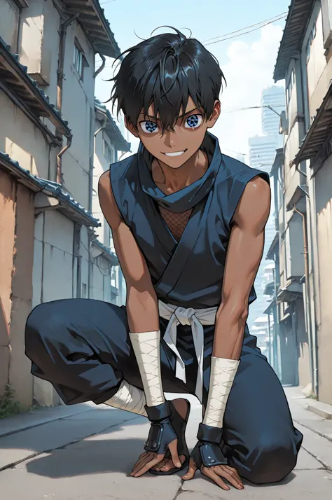 masterpiece, best quality, amazing quality, very aesthetic, high resolution, newest, hyper-detailed, ,solo, male character, 1 boy, adolescent, Short hair, African skin color, slim male figure, blue eyes, ((sharingan eyes )), gentle smile, ninja clothes , f...