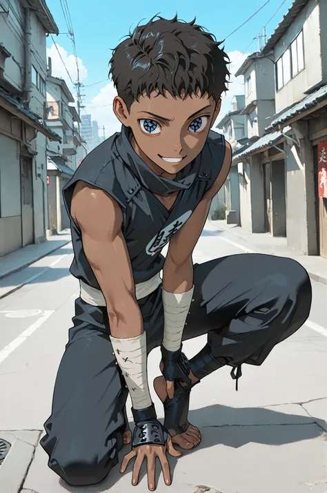 masterpiece, best quality, amazing quality, very aesthetic, high resolution, newest, hyper-detailed, ,solo, male character, 1 boy, adolescent, Short hair, African skin color, slim male figure, blue eyes, ((sharingan eyes )), gentle smile, ninja clothes cos...