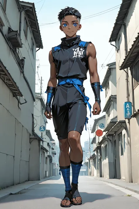 masterpiece, best quality, amazing quality, very aesthetic, high resolution, newest, hyper-detailed, ,solo, male character, 1 boy, adolescent, Short hair, African skin color, slim male figure, blue eyes, ((sharingan eyes )), gentle smile, ninja clothes cos...