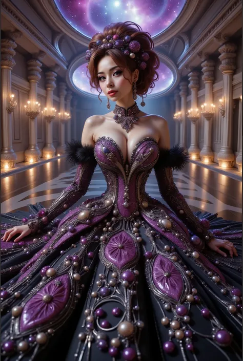 A cute japanese idol girls white-skinned, blue-eyed, thin lips, shadow eye, eyelashes, Gigantic fake boobs, Breast Press, small waist, slim body, asian girls in a strapless dress sitting in space, UHD, luxurious mechanism dress, ornate dress, shiny dress, ...