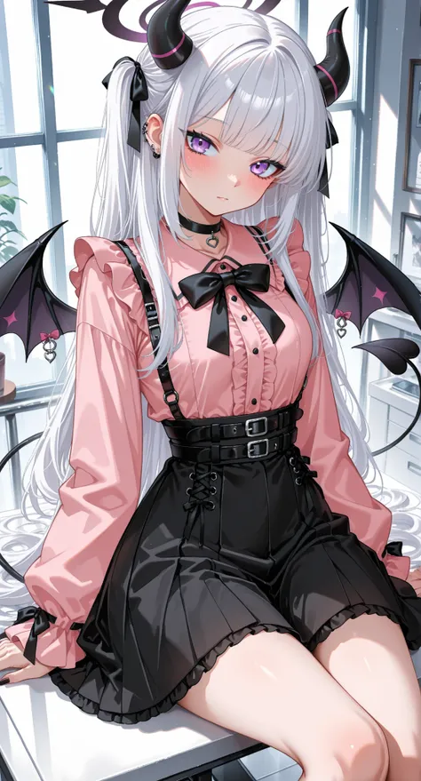 easts, demon girl, demon horns, demon wings, halo, horns, jirai kei, long hair, looking at viewer, purple eyes, sitting, small breasts, solo, very long hair, white hair, wings, karaage \(xxxmido02\), blue archive