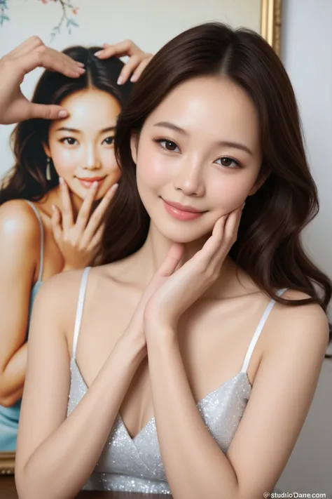 A beautiful Asian woman, smooth glowing skin, long wavy dark brown hair, soft natural makeup, wearing a silver sleeveless top, posing elegantly with one hand resting on her cheek, smiling gently, studio portrait, white background, Korean beauty style, high...