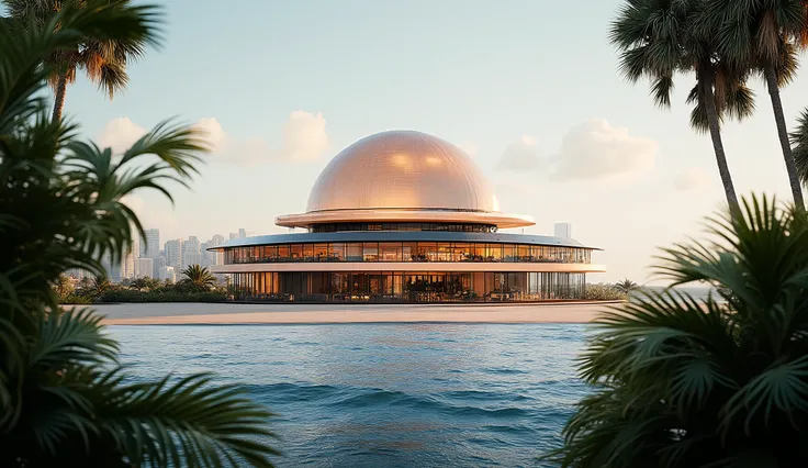 ((best quality)), ((masterpiece)), ((realistic, digital photograph)), (hyper detailed), modern style dwelling place ,standing alone Multi story mansion, `viewed from a distance, 1 large mansion in the center shiny dome copper in colour, tropical jungle, si...