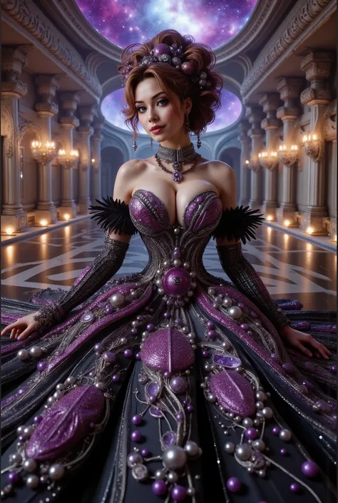 A cute japanese idol girls white-skinned, blue-eyed, thin lips, shadow eye, eyelashes, Gigantic fake boobs, Breast Press, small waist, slim body, asian girls in a strapless dress sitting in space, UHD, luxurious mechanism dress, ornate dress, shiny dress, ...