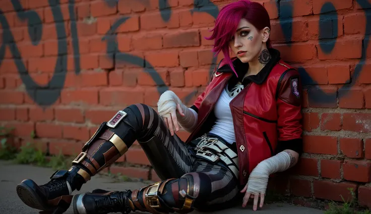 Vi: League of Legends/ARCANE, FEMALE/WOMAN, tattoo, neck tattoo, nose ring, ear piercing, red/magenta undercut hairstyle, red leather jacket, arms and hands bandaged, VI tattoo on her cheek, side shot, sitting with her back against a brick wall filled with...