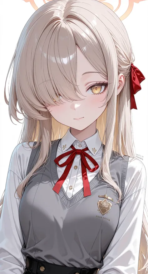 kanoe \(blue archive\), 1girl, artist name, breasts, dated, grey hair, grey vest, hair over one eye, long hair, looking at viewer, one eye covered, ribbon, shirt, small breasts, solo, vest, white shirt, yellow eyes, pennanima 1, blue archive