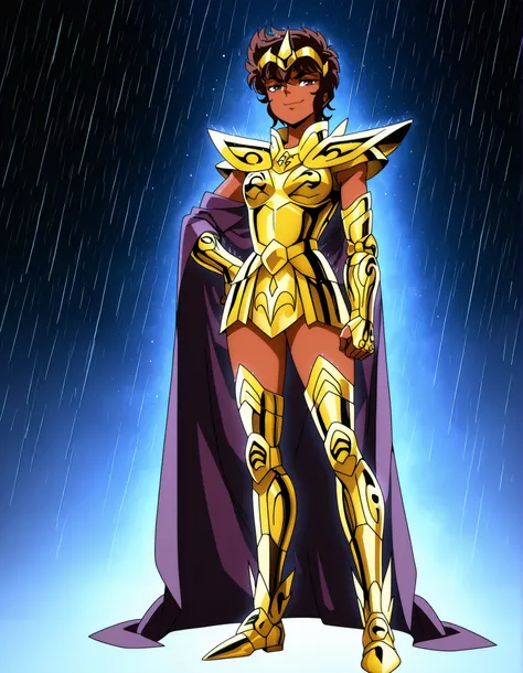 ((Highest Quality)), (Saint Seiya Style), 1girl, solo, Medium breast, thighs, hips, dark skinned, standing, full body, flat chest, hips, thighs, Smug, (Dark brown hair), light brown eyes, pixie cut, dark-skinned female, Dark Skin, dark-skinned, dark Purple...