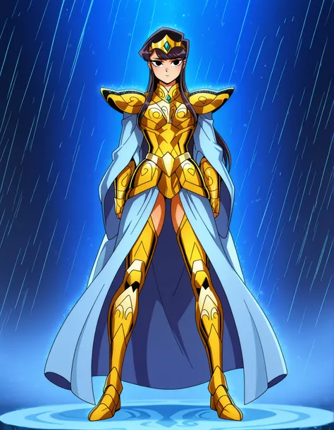 ((Highest Quality)), (Saint Seiya Style), 1girl, full body, standing, gyaru, solo, (komi shouko:1 . 3)), (droopy eyes), without mouth, medium breast, thick thighs, thick hips, thick Shin, full body, Blue princess tiara, Blue tiara, princess tiara, knight r...