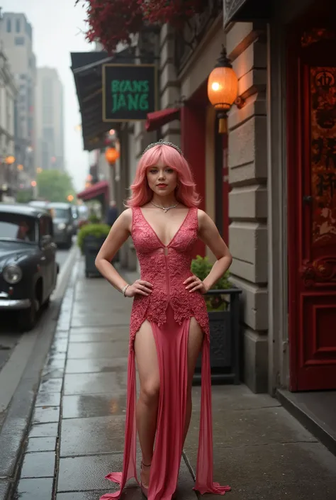 Jenna Ortega as vintage-inspired N-Sakura, ((perfect face match)), pink hair in elegant traditional style, ultra-revealing modified qipao with extreme side slits and deep plunging neckline, standing in 1920s Shanghai street, ((art deco architecture)), vint...