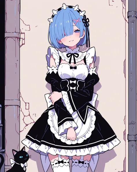 8k wallpaper , Flatline, Flat vector illustration,、  best quality  、Masterpiece、  748cm style  、 , cute face, beautiful,Female, 1 person, 1 girl,solo, rem, blue eyes, blue hair, hair ornament, hair over one eye, hair ribbon, short hair, x hair ornament,apr...