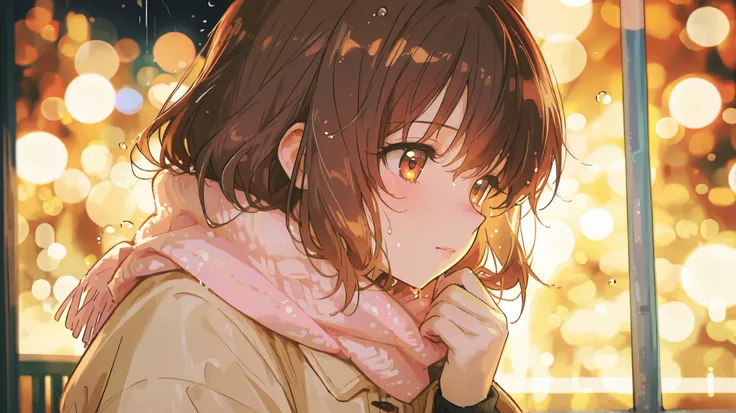 "Cute anime girl with chestnut brown hair, wearing a cozy pastel scarf and light autumn coat, under a glowing pastel streetlight after rain, soft bokeh and raindrops, gentle dreamy vibe, high-quality anime illustration, upper body close-up"