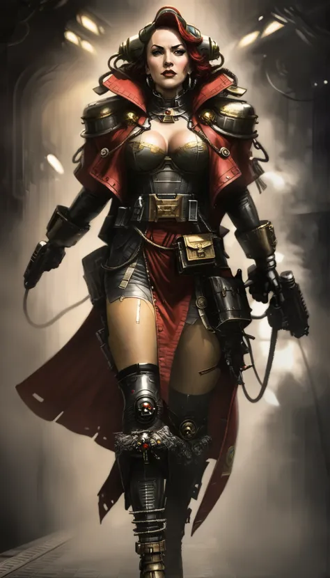 Important (military uniform, bloodborn coat, detective, warhammer 40 000 theme, battle sister, space marine armor, very wide hips, thicc lower body, big breast):
Scene (space ship corridor):
Character Face ( focused, red chicks, glowing pupils, make up, au...